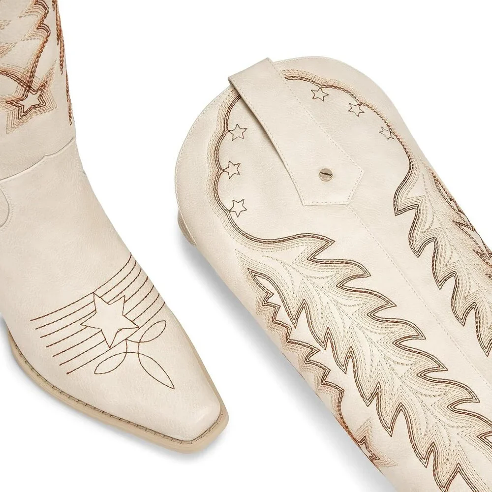 Women Beige Knee High Cowgirl Boots Retro Embroidered Chunky Heels Pointed - Picture 5 of 6